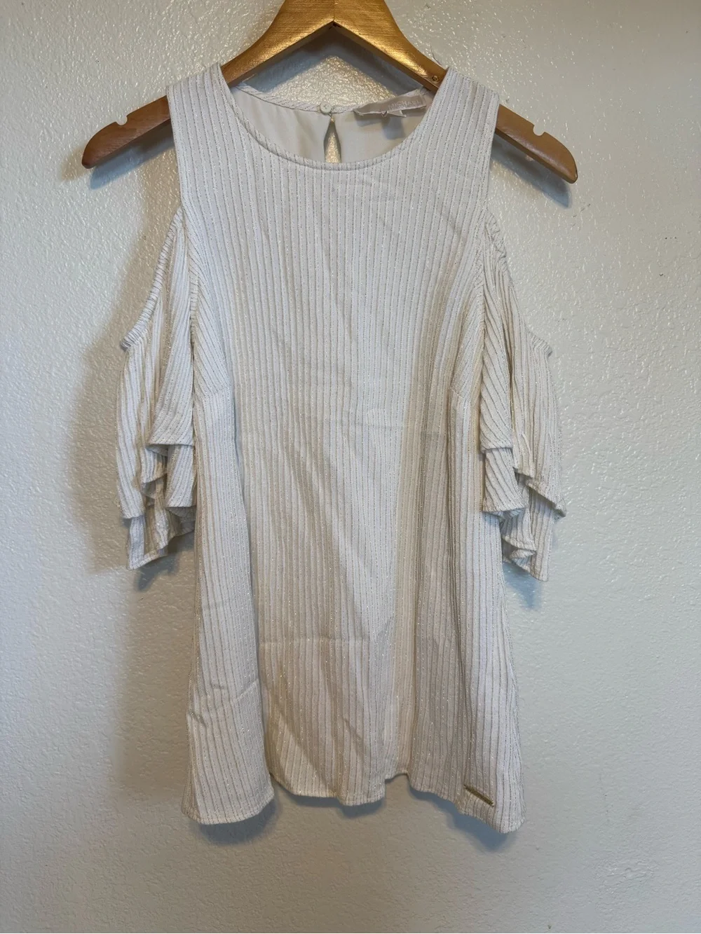 Michael Kors ivory /gold  Cold-Shoulder Ruffle Sleeve Top